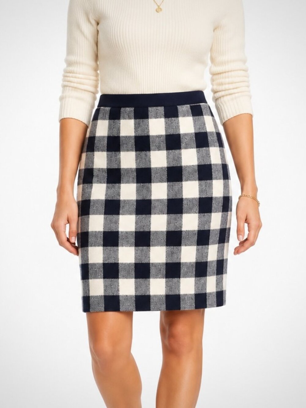 J.Crew Navy & White Buffalo Plaid Tweed Knit Corpcore Pencil Skirt [size 4]